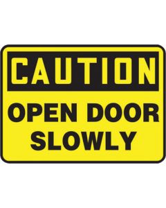 Accuform Signs® 7" X 10" Black And Yellow 0.040" Aluminum Admittance And Exit Sign "CAUTION OPEN DOOR SLOWLY" With Round Corner