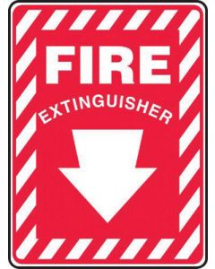 Accuform Signs® 10" X 7" White And Red 0.055" Plastic Extinguisher Sign "FIRE EXTINGUISHER (With Down Arrow)" With 3/16" Mounting Hole And Round Corner