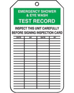 Accuform Signs® 5 3/4" X 3 1/4" Black, Green And White 10 mil PF-Cardstock English Equipment Status Tag "EMERGENCY SHOWER & EYEWASH TEST RECORD INSPECT THIS UNIT CAREFULLY BEFORE SIGNING INSPECTION CARD" With 3/8" Plain Hole (25 Per Pack)