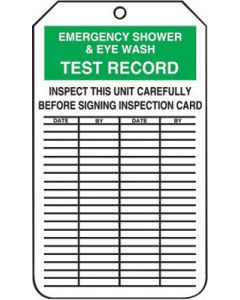 Accuform Signs® 5 3/4" X 3 1/4" Black, Green And White 15 mil RP-Plastic English Equipment Status Tag "EMERGENCY SHOWER & EYEWASH TEST RECORD INSPECT THIS UNIT CAREFULLY BEFORE SIGNING INSPECTION CARD" With Metal Grommeted 3/8" Reinforced Hole (25 Per Pac