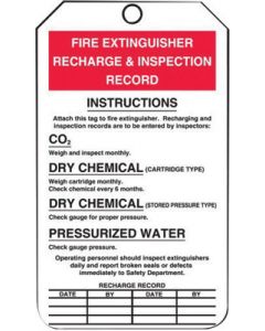 Accuform Signs® 5 3/4" X 3 1/4" Red, Black And White 15 mil RP-Plastic English Fire Inspection Tag "FIRE EXTINGUISHER RECHARGE AND INSPECTION RECORD" With Metal Grommeted 3/8" Reinforced Hole (25 Per Pack)
