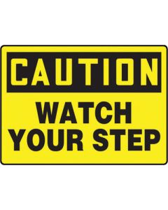 Accuform Signs® 7" X 10" Black And Yellow 0.040" Aluminum Fall Arrest Sign "CAUTION WATCH YOUR STEP" With Round Corner