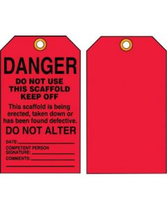 Accuform Signs® 5 3/4" X 3 1/4" Black And Red 15 mil RP-Plastic English Scaffold Status Tag "DANGER DO NOT USE THIS SCAFFOLD KEEP OFF …" With Metal Grommeted 3/8" Reinforced Hole (25 Per Pack)