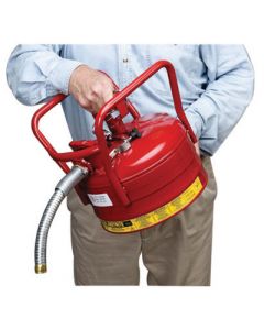 Justrite® 2 1/2 Gallon Red AccuFlow™ Galvanized Steel Type II Vented Safety Can With Flame Arrester, 1" Metal Hose And Roll Bar (For Flammables)