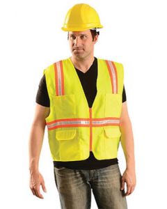 OccuNomix X-Large Hi-Viz Yellow OccuLux® Classic™ Economy Woven Twill Solid Polyester Two-Tone Surveyor's Vest With Front Zipper Closure And 3/4" White Gloss Tape Backed by Orange Trim And 9 Pockets