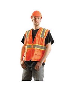 OccuNomix X-Large Hi-Viz Orange OccuLux® Classic™ Economy Woven Twill Solid Polyester Two-Tone Surveyor's Vest With Front Zipper Closure And 3/4" White Gloss Tape Backed by Yellow Trim And 9 Pockets