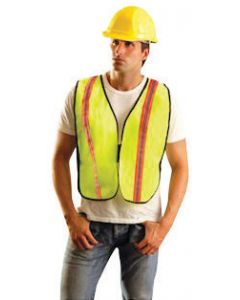 OccuNomix X-Large Hi-Viz Yellow OccuLux® Value™ Economy Light Weight Polyester Mesh Two-Tone Vest With Front Hook And Loop Closure, 1 3/8" Silver Gloss Tape On Orange Trim, Side Elastic Straps And 1 Pocket