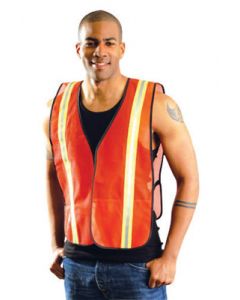 OccuNomix 4X Hi-Viz Orange OccuLux® Value™ Economy Light Weight Polyester Mesh Two-Tone Vest With Front Hook And Loop Closure, 1 3/8" Silver Gloss Tape On Orange Trim, Side Elastic Straps And 1 Pocket
