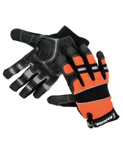 Radnor® Large Black And Hi-Viz Orange Premium Full Finger Sueded Leather And Spandex Mechanics Gloves With Hook and Loop Cuff, Spandex Back, Neoprene Knuckle And Wrist Pad, Suede Palm, Kevlar® Patch In Thumb Crotch And PVC Grip Patches On Palm And Fingers