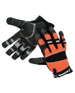 Radnor® 2X Black And Hi-Viz Orange Premium Full Finger Sueded Leather And Spandex Mechanics Gloves With Hook and Loop Cuff, Spandex Back, Neoprene Knuckle And Wrist Pad, Suede Palm, Kevlar® Patch In Thumb Crotch And PVC Grip Patches On Palm And Fingers