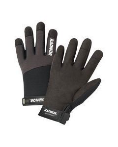 Radnor® 2X Black And Gray Full Finger Synthetic Leather By Clarion® And Spandex Light-Duty Mechanics Gloves With Hook And Loop Cuff, Spandex Back And Reinforced Fingertips