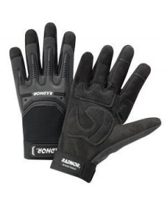 Radnor® 2X Black And Gray Full Finger Synthetic Leather By Clarion® And Spandex Impact Resistant Mechanics Gloves With Hook And Loop Cuff, Spandex Back, Reinforced Fingertips And Saddle, EVA Foam Palm Padding And TPR Knuckle