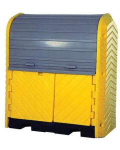 UltraTech 67 1/4" X 41 1/4" X 74" Ultra-Hard Top P2 Plus® Yellow Polyethylene 2-Drum Spill Pallet With 66 Gallon Spill Capacity And Drain