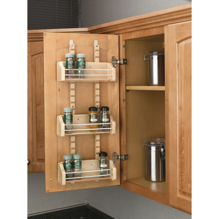 Adjustable Door Mount Spice Rack with 3 Bins for 15 Wall Cabinet Natural